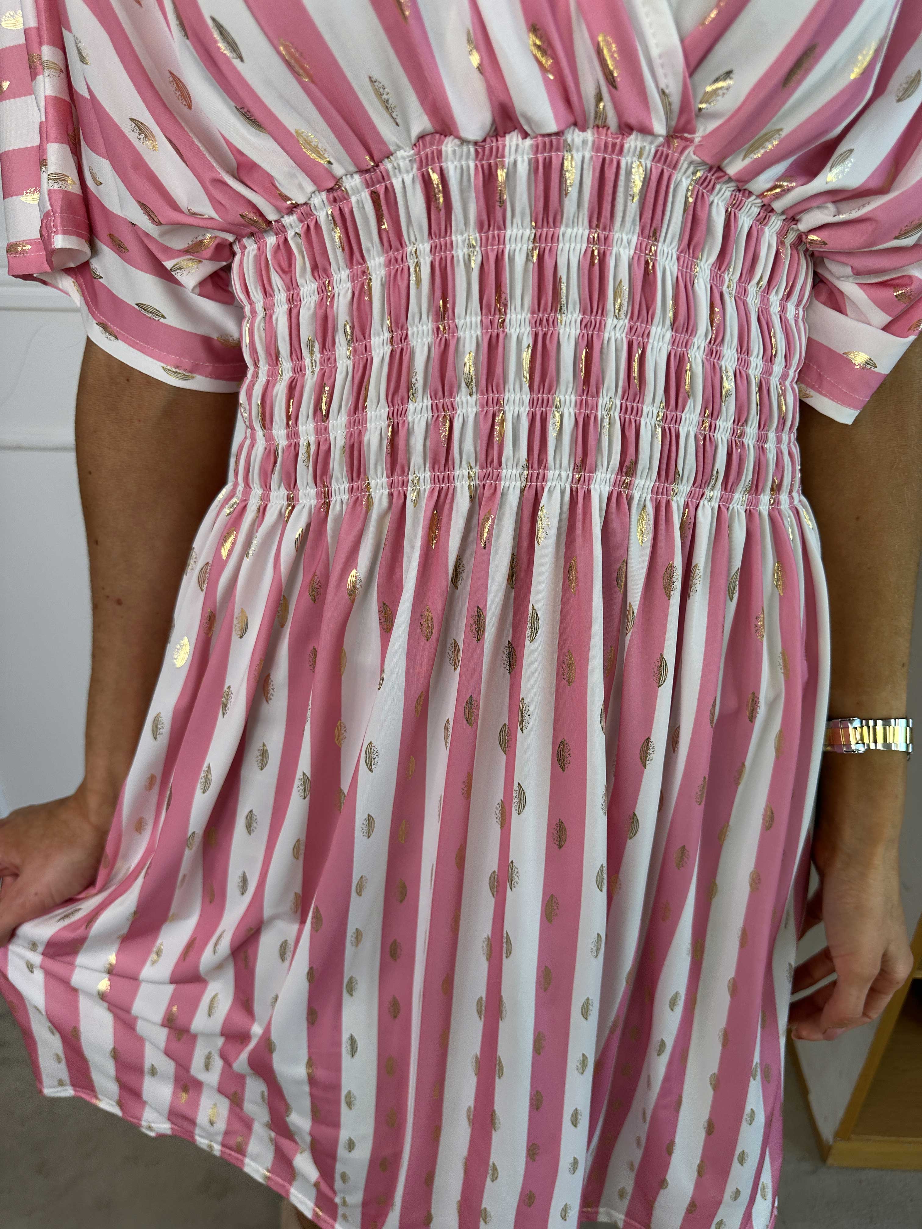 Pams Stripe Short - Stribet elastisk kjole med guld detaljer